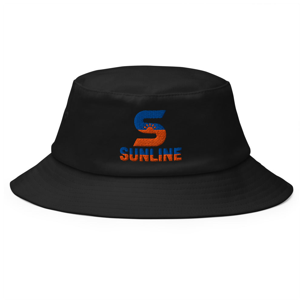 Sunline Bucket Hat in Black, embroidered teal and orange Sunline split-S sun logo, Central Florida streetwear bucket hat