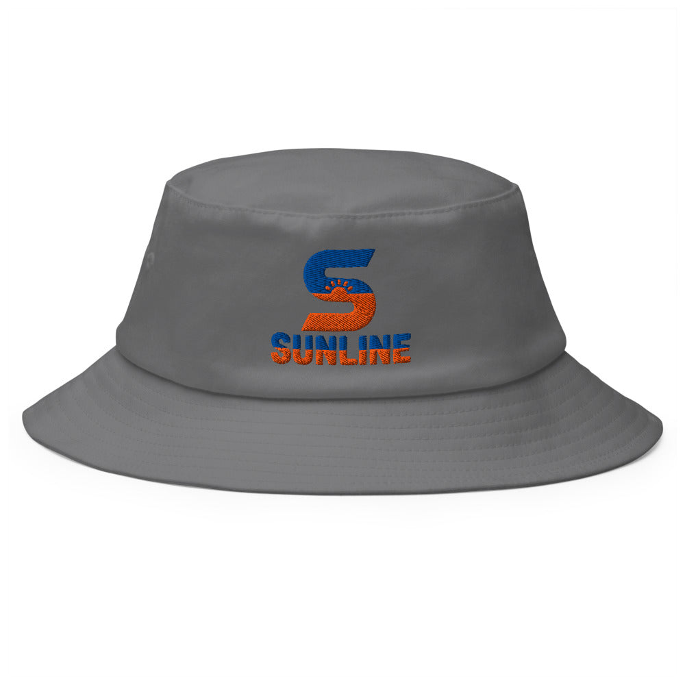 Sunline Bucket Hat – Navy, Grey & White in Grey, embroidered teal and orange Sunline split-S sun logo, Central Florida streetwear bucket hat