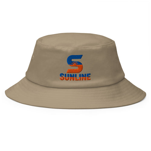 Sunline Bucket Hat in Khaki, embroidered teal and orange Sunline split-S sun logo, Central Florida streetwear bucket hat