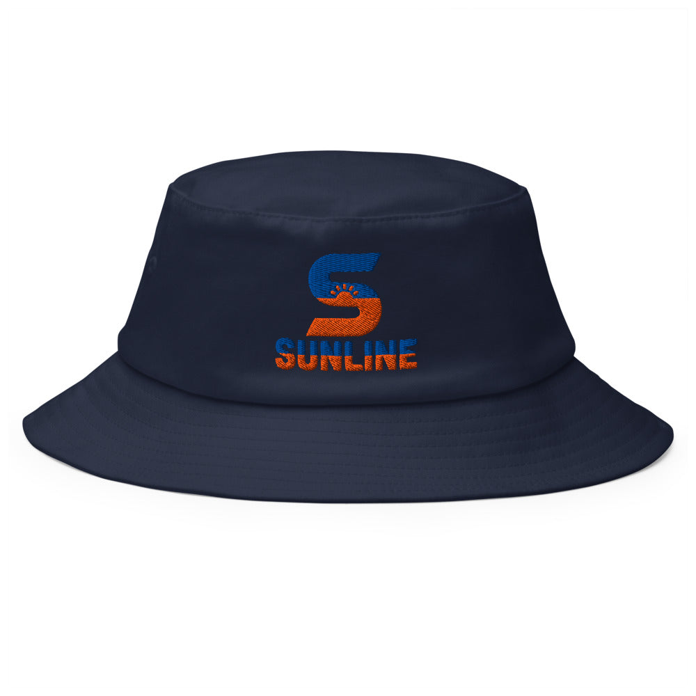 Sunline Bucket Hat – Navy, Grey & White in Navy, embroidered teal and orange Sunline split-S sun logo, Central Florida streetwear bucket hat