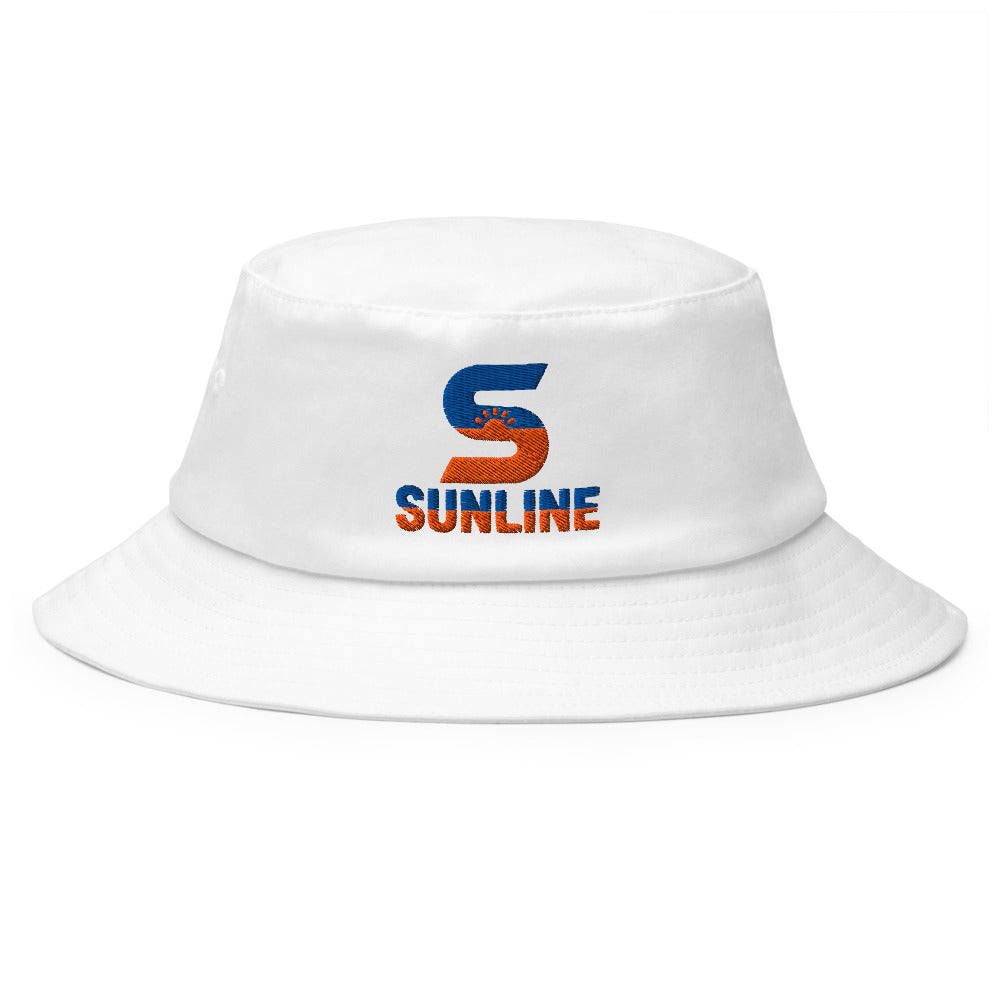 Sunline Bucket Hat – Navy, Grey & White in White, embroidered teal and orange Sunline split-S sun logo, Central Florida streetwear bucket hat