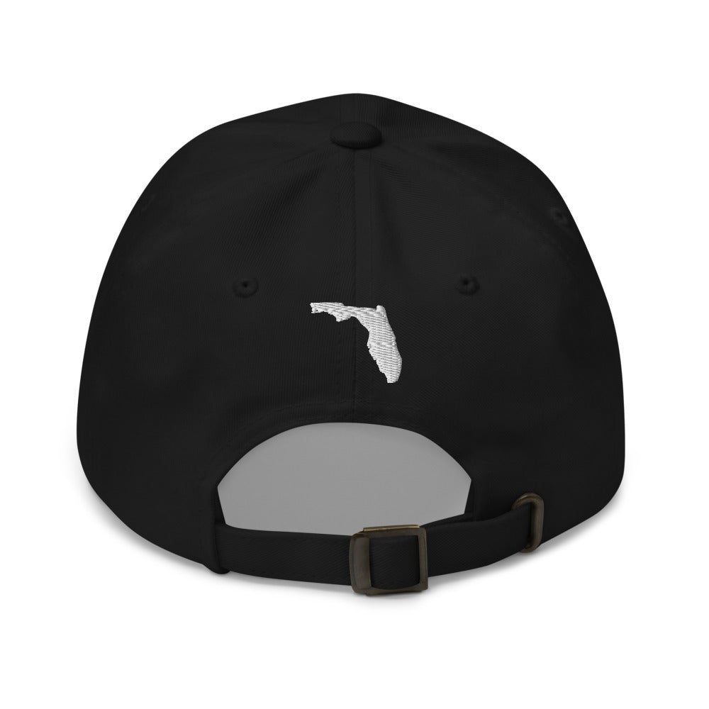 Back view of the Sunline Sunset Script Dad Cap in Black: Florida outline embroidered above the strap
