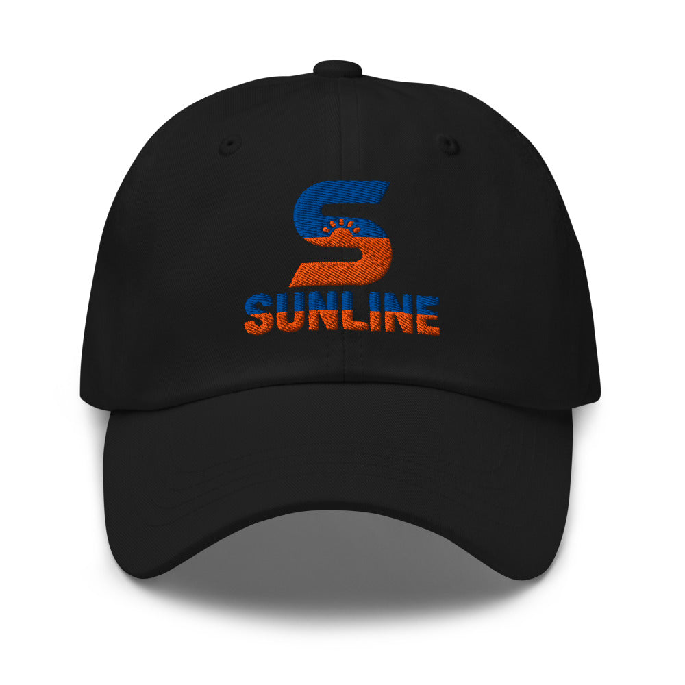 Sunline Dad Cap in Black, embroidered teal and orange Sunline split-S sun logo, Central Florida streetwear dad cap