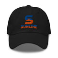 Sunline Dad Cap in Black, embroidered teal and orange Sunline split-S sun logo, Central Florida streetwear dad cap