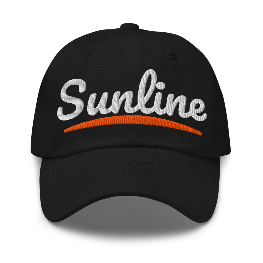 Sunline Sunset Script Dad Cap in Black, embroidered Sunline Sunset Script logo, Central Florida streetwear dad cap