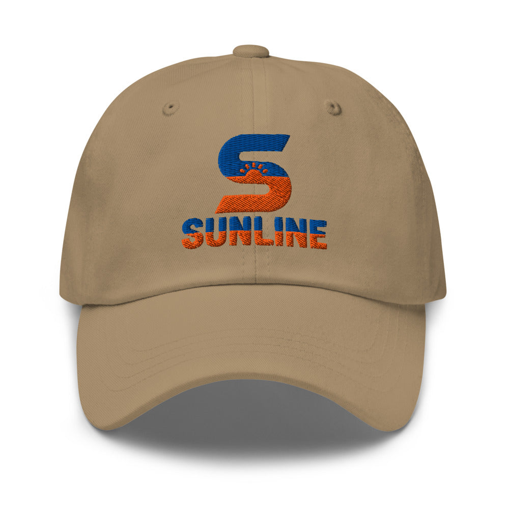 Sunline Dad Cap in Khaki, embroidered teal and orange Sunline split-S sun logo, Central Florida streetwear dad cap