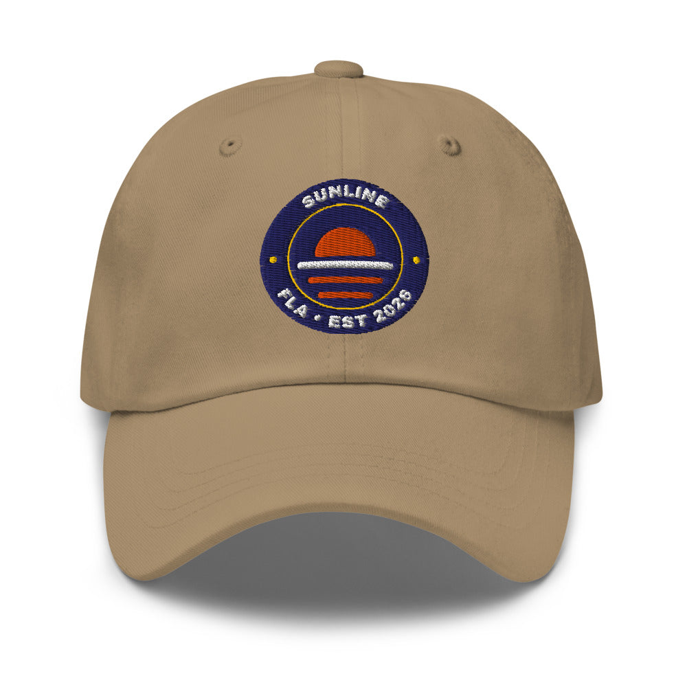 Sunline FLA Badge Dad Cap in Khaki, embroidered Sunline FLA Badge logo, Central Florida streetwear dad cap