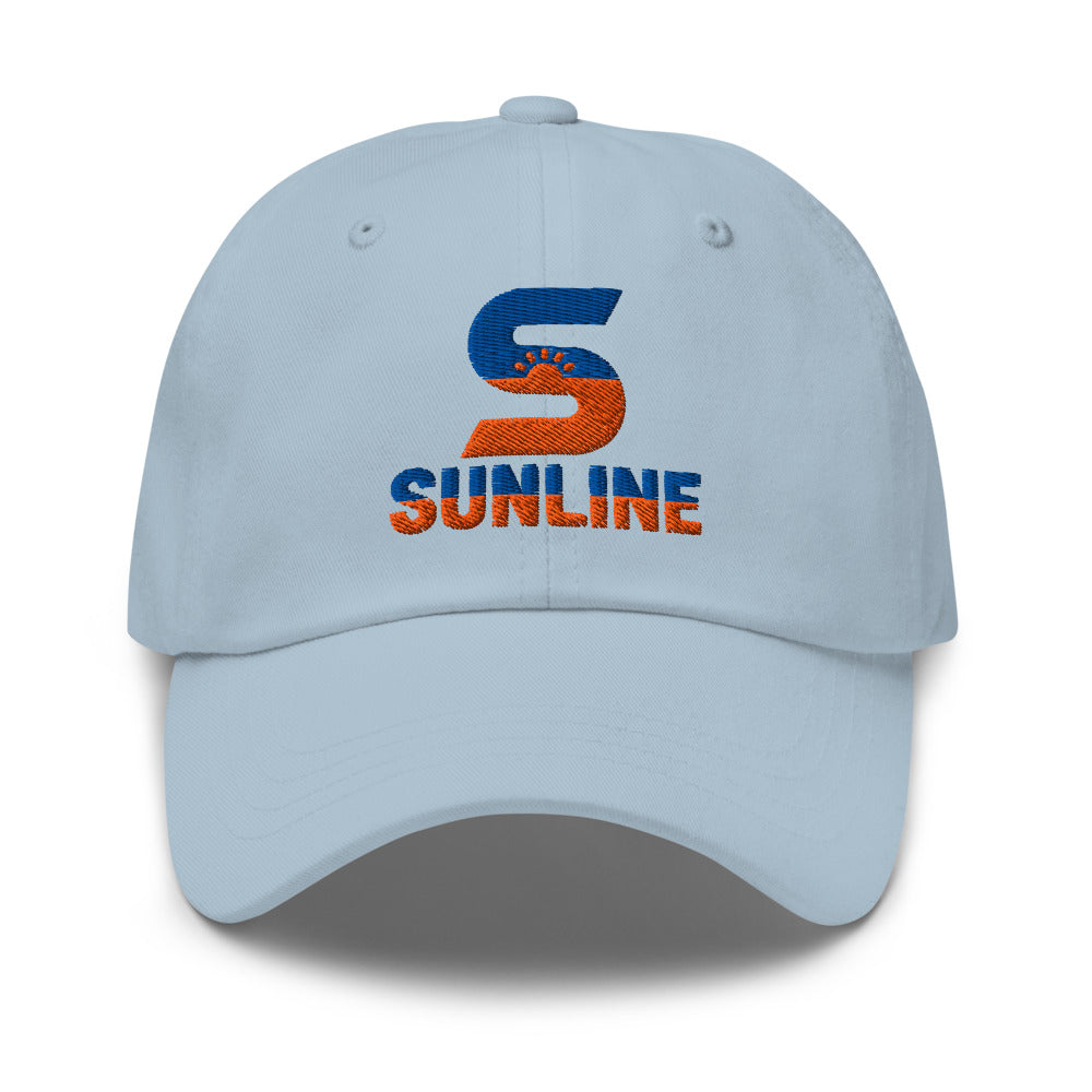Sunline Dad Cap – Sunset Pack in Light Blue, embroidered teal and orange Sunline split-S sun logo, Central Florida streetwear dad cap