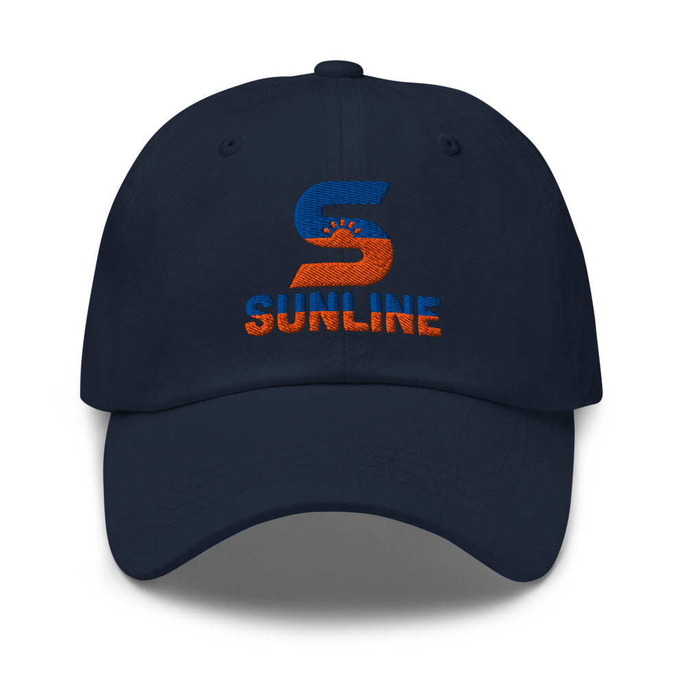 Sunline Dad Cap – Navy & Stone in Navy, embroidered teal and orange Sunline split-S sun logo, Central Florida streetwear dad cap