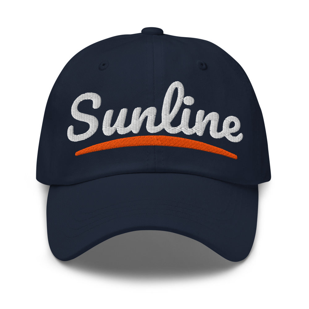 Sunline Sunset Script Dad Cap in Navy, embroidered Sunline Sunset Script logo, Central Florida streetwear dad cap
