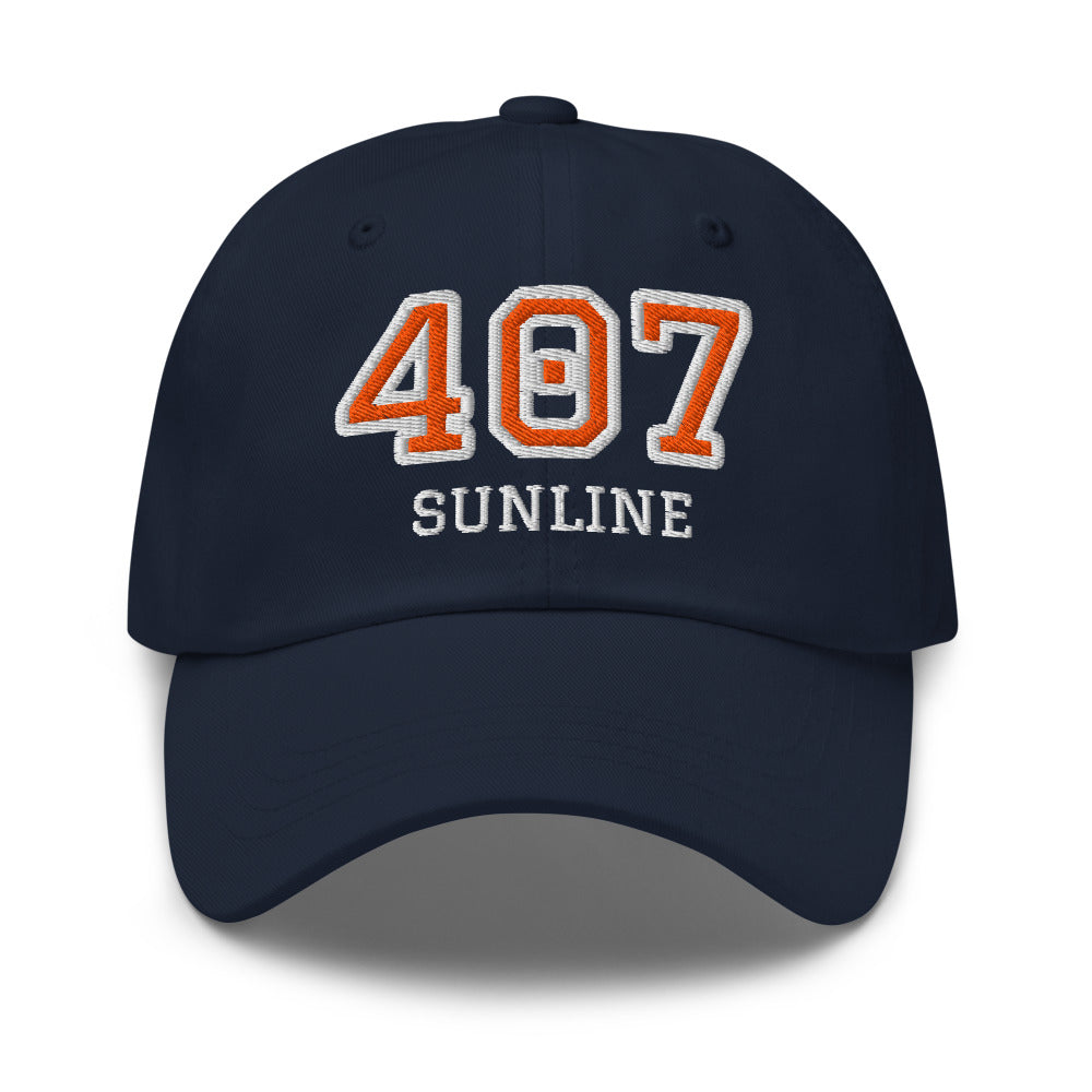 Sunline 407 Collegiate Dad Cap in Navy, embroidered Sunline 407 Collegiate logo, Central Florida streetwear dad cap