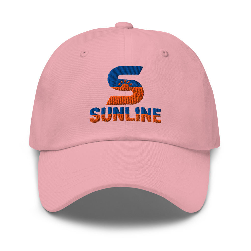 Sunline Dad Cap – Sunset Pack in Pink, embroidered teal and orange Sunline split-S sun logo, Central Florida streetwear dad cap