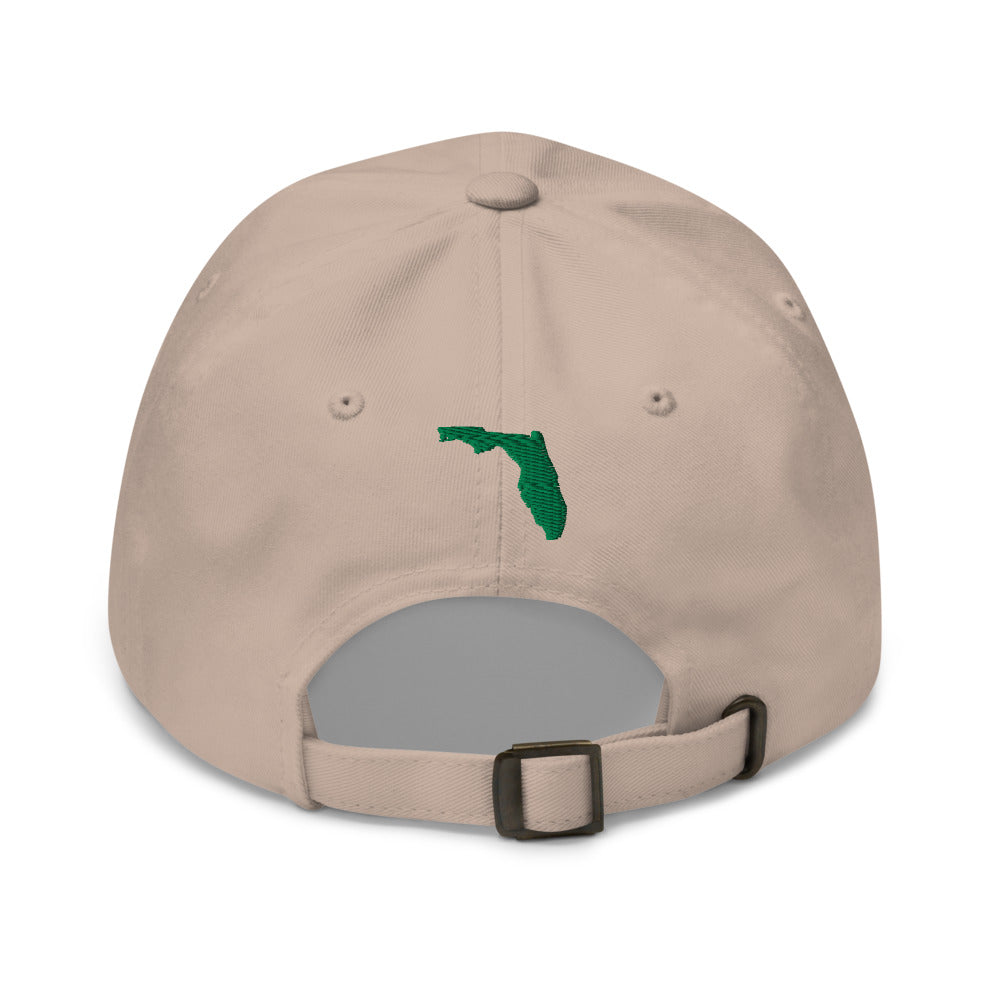 Back view of the Sunline Gator Sun Dad Cap in Stone: Florida outline embroidered above the strap