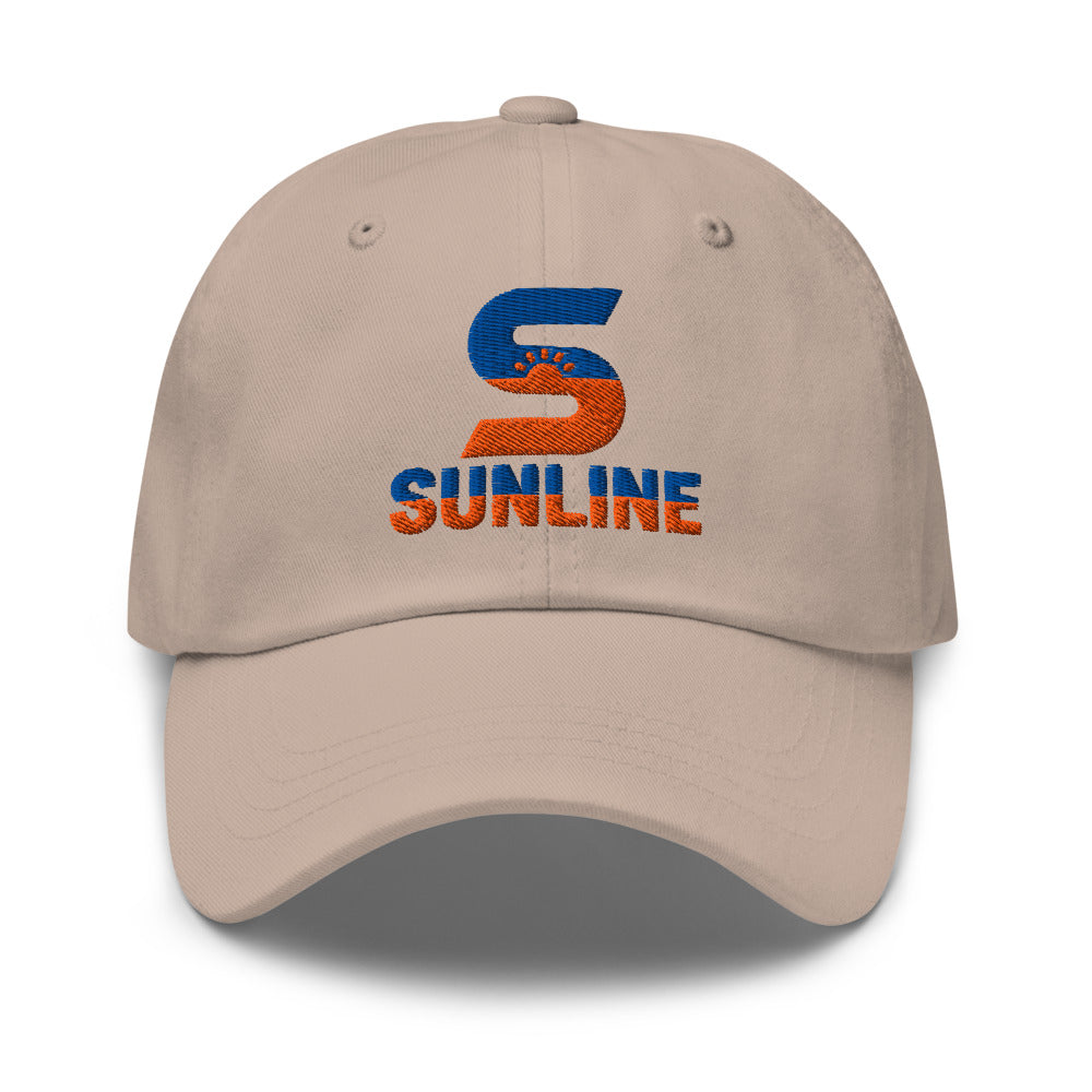 Sunline Dad Cap – Navy & Stone in Stone, embroidered teal and orange Sunline split-S sun logo, Central Florida streetwear dad cap