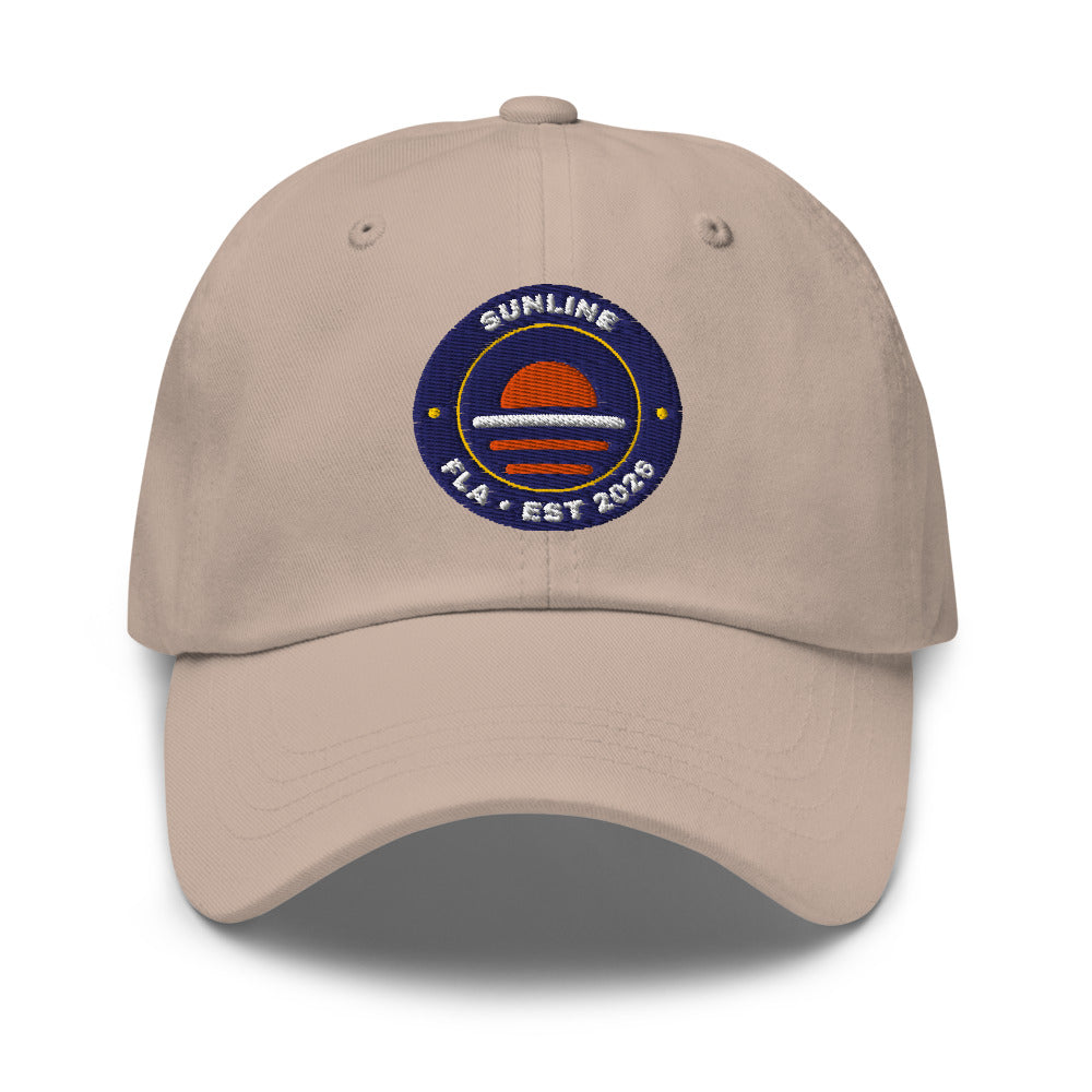 Sunline FLA Badge Dad Cap in Stone, embroidered Sunline FLA Badge logo, Central Florida streetwear dad cap