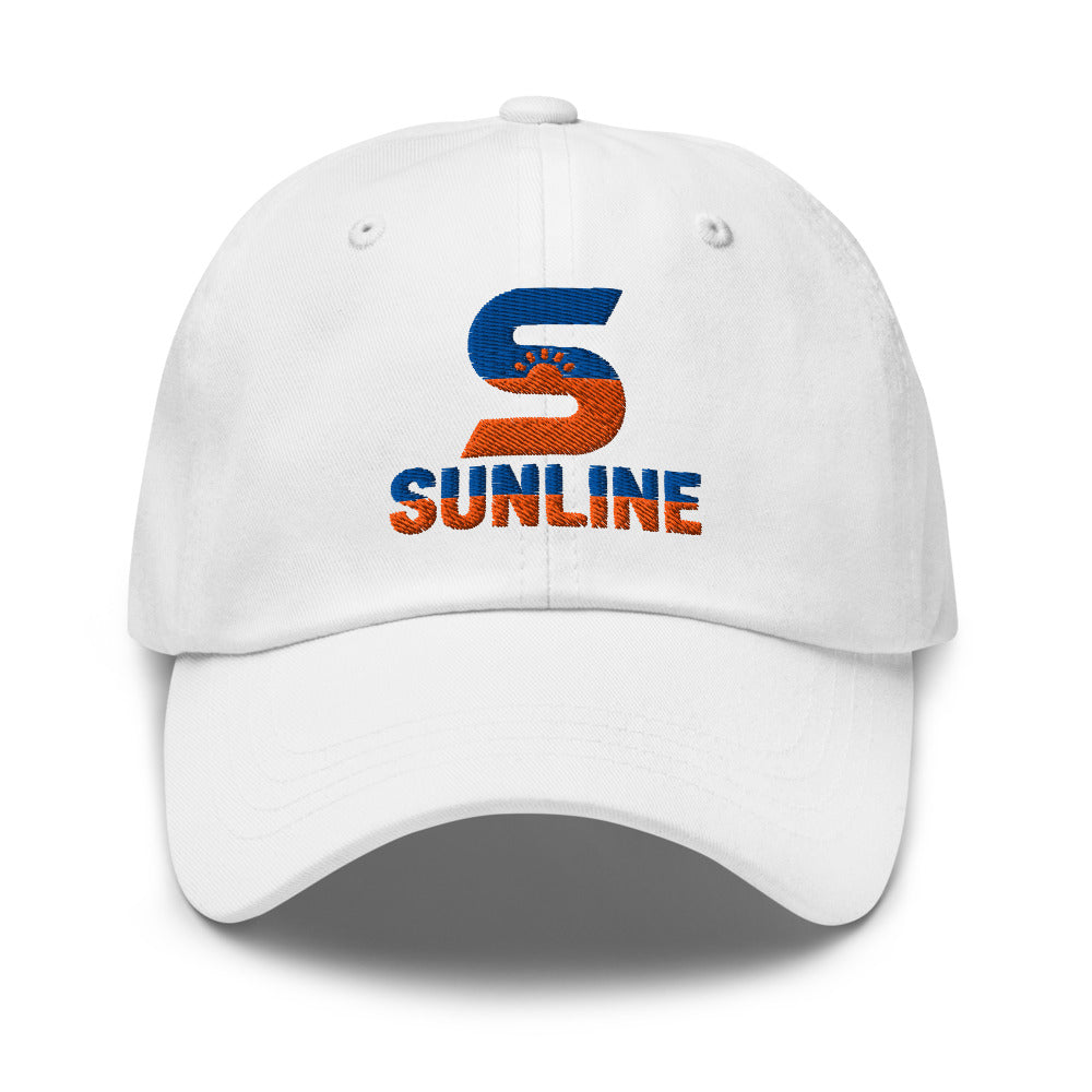 Sunline Dad Cap – Sunset Pack in White, embroidered teal and orange Sunline split-S sun logo, Central Florida streetwear dad cap
