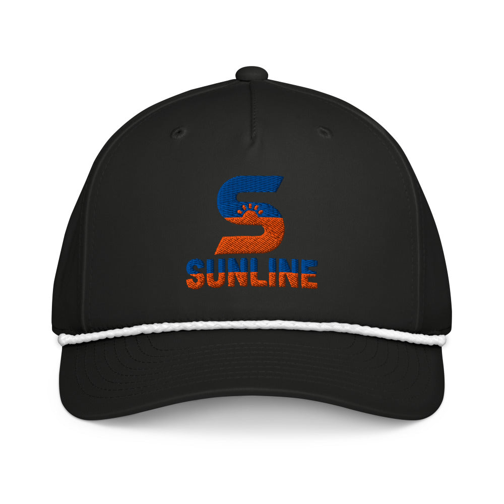 Sunline Rope Cap in Black/White, embroidered teal and orange Sunline split-S sun logo, Central Florida streetwear rope cap