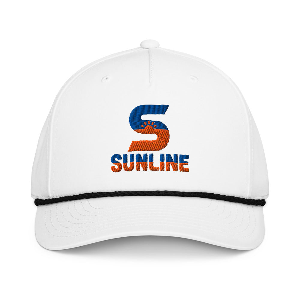 Sunline Rope Cap in White/Black, embroidered teal and orange Sunline split-S sun logo, Central Florida streetwear rope cap