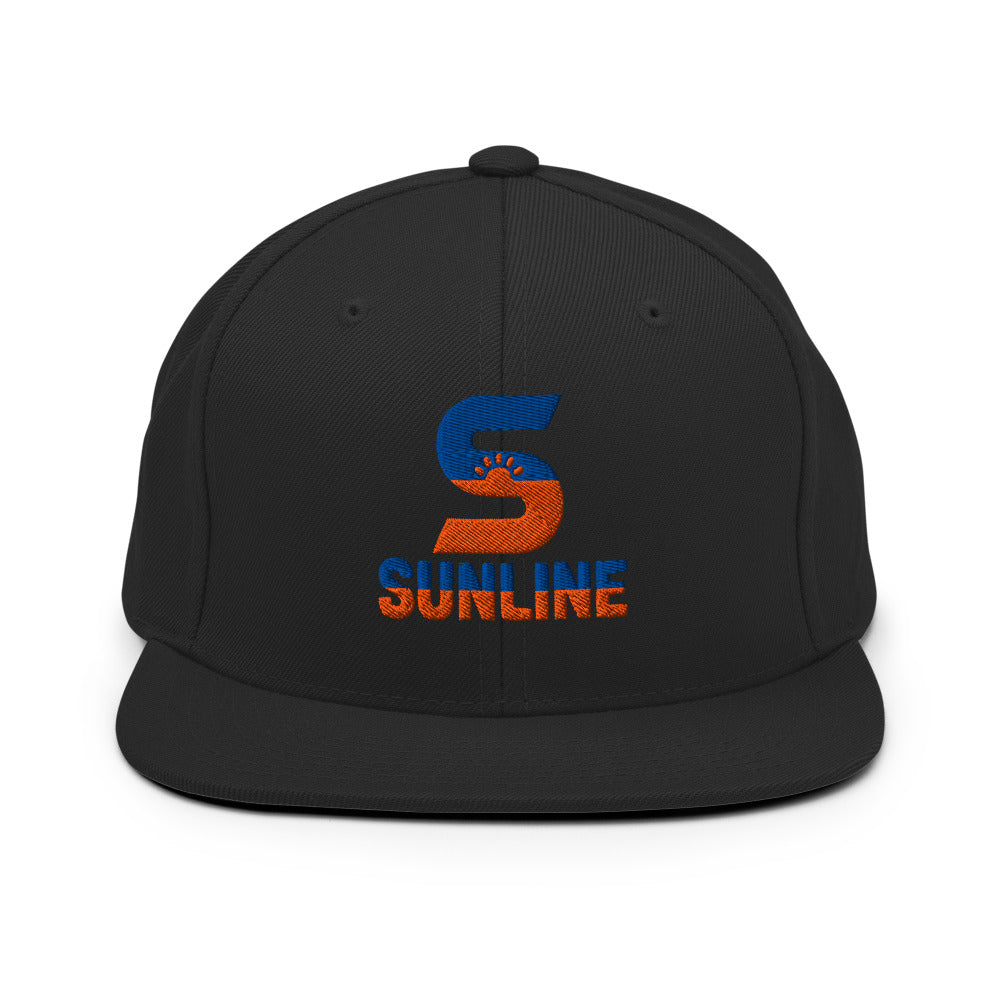 Sunline Flat Bill Snapback in Black, embroidered teal and orange Sunline split-S sun logo, Central Florida streetwear snapback