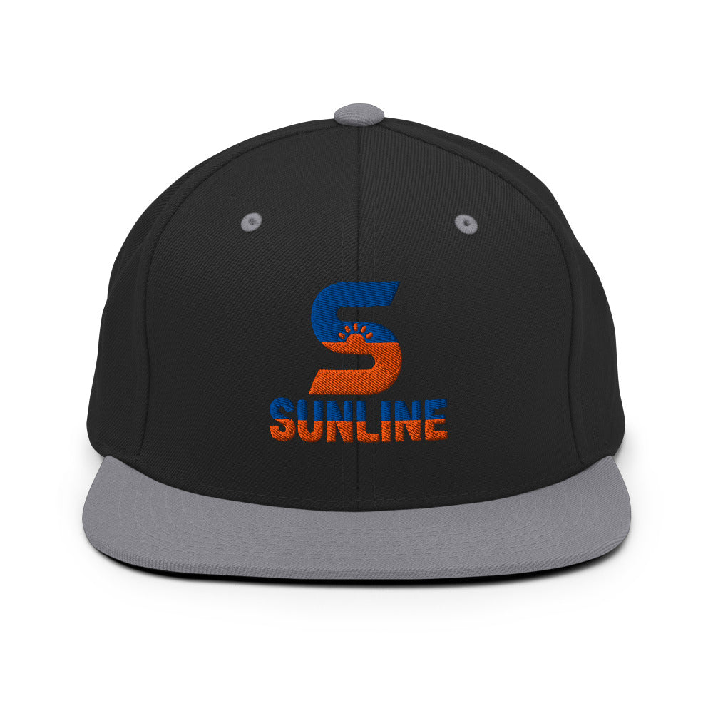 Sunline Flat Bill Snapback in Black/Silver, embroidered teal and orange Sunline split-S sun logo, Central Florida streetwear snapback