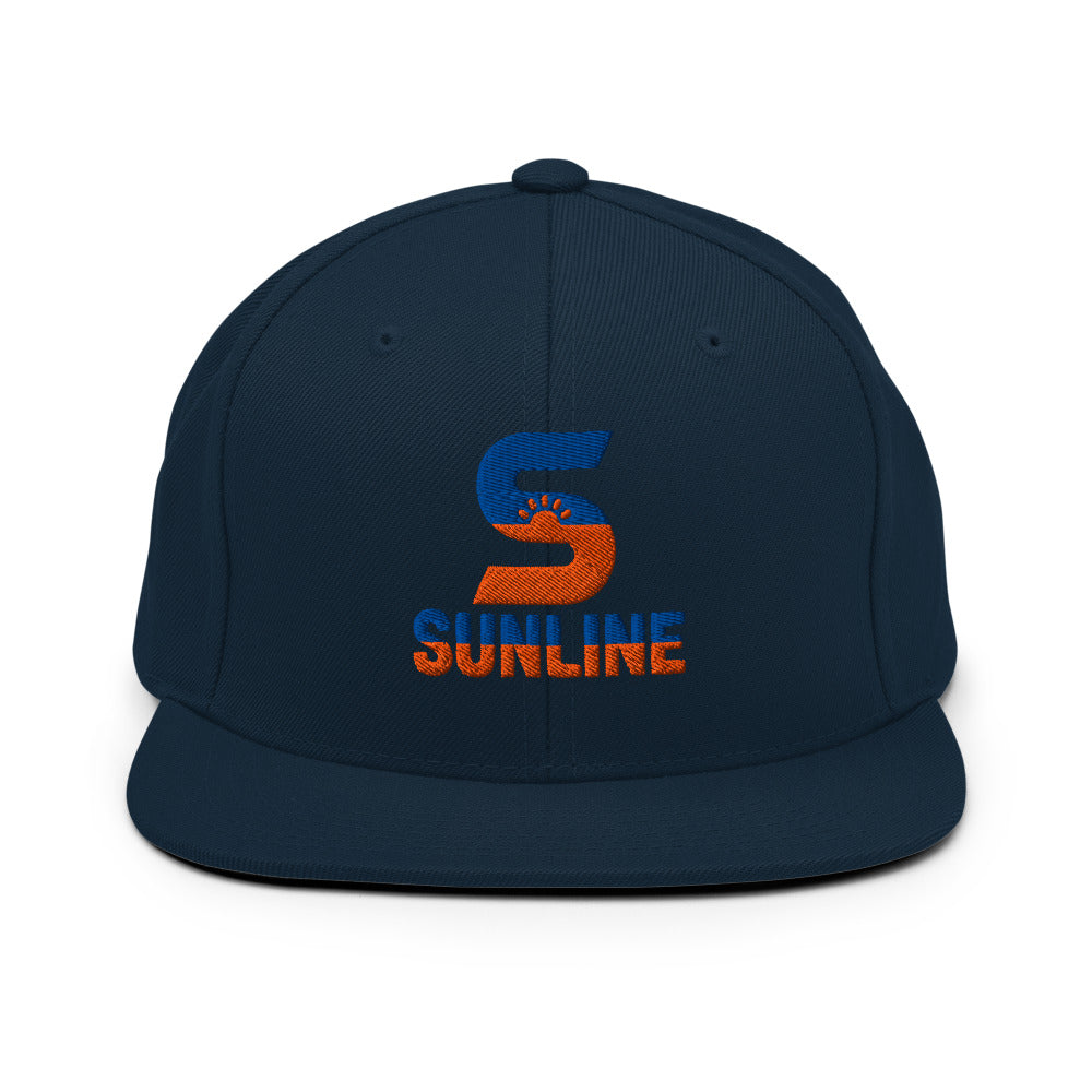 Sunline Flat Bill Snapback in Dark Navy, embroidered teal and orange Sunline split-S sun logo, Central Florida streetwear snapback