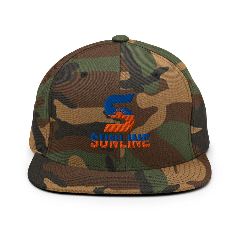 Sunline Flat Bill Snapback in Green Camo, embroidered teal and orange Sunline split-S sun logo, Central Florida streetwear snapback