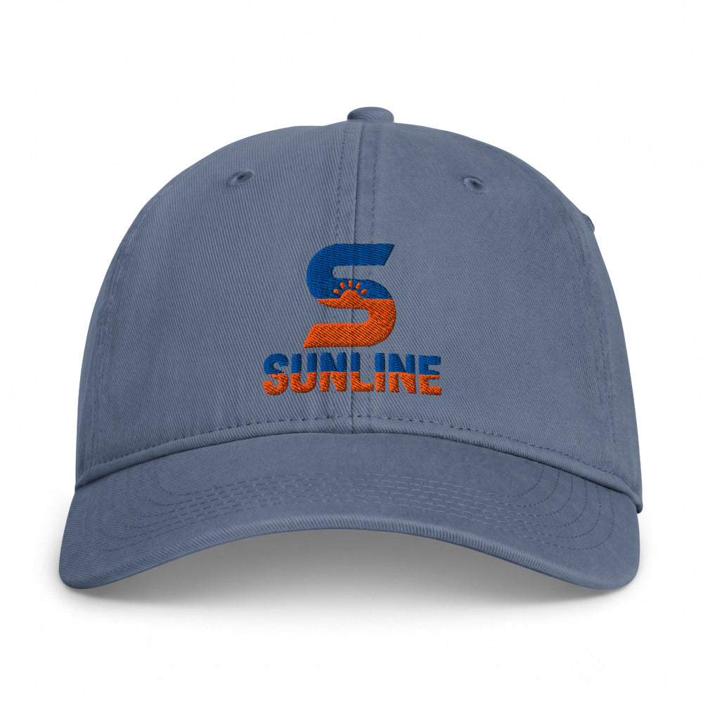 Sunline Coastal Washed Cap in Blue Jean, embroidered teal and orange Sunline split-S sun logo, Central Florida streetwear dad cap