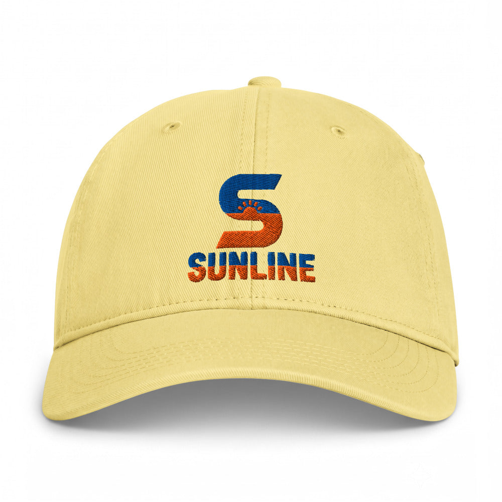Sunline Coastal Washed Cap in Butter, embroidered teal and orange Sunline split-S sun logo, Central Florida streetwear dad cap