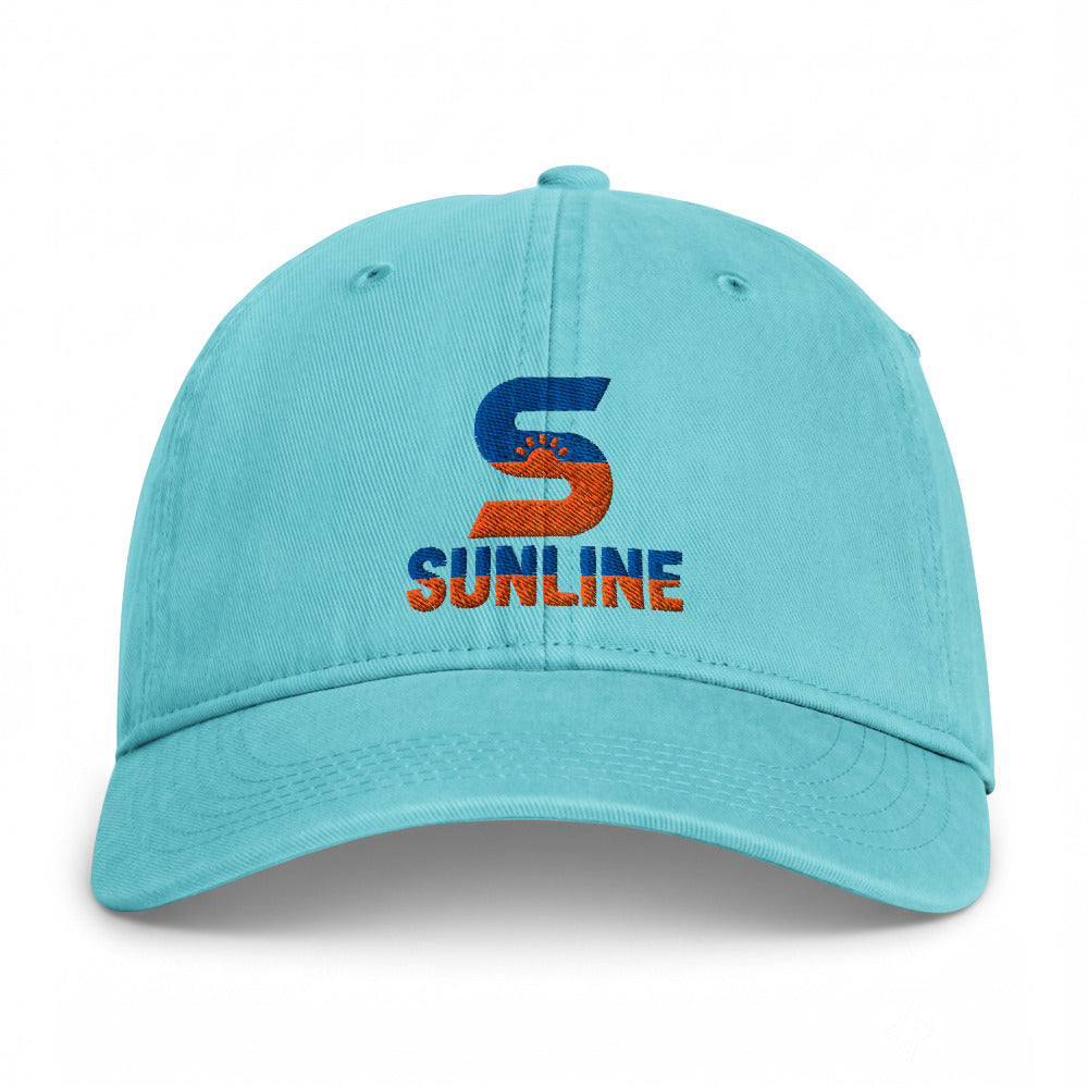 Sunline Coastal Washed Cap in Chalky Mint, embroidered teal and orange Sunline split-S sun logo, Central Florida streetwear dad cap