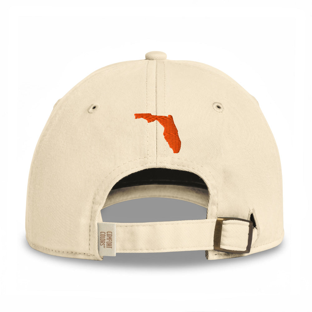Back view of the Sunline Coastal Washed Cap in Ivory: Florida outline embroidered above the strap