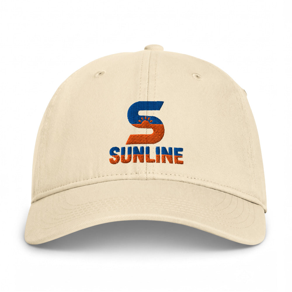 Sunline Coastal Washed Cap in Ivory, embroidered teal and orange Sunline split-S sun logo, Central Florida streetwear dad cap