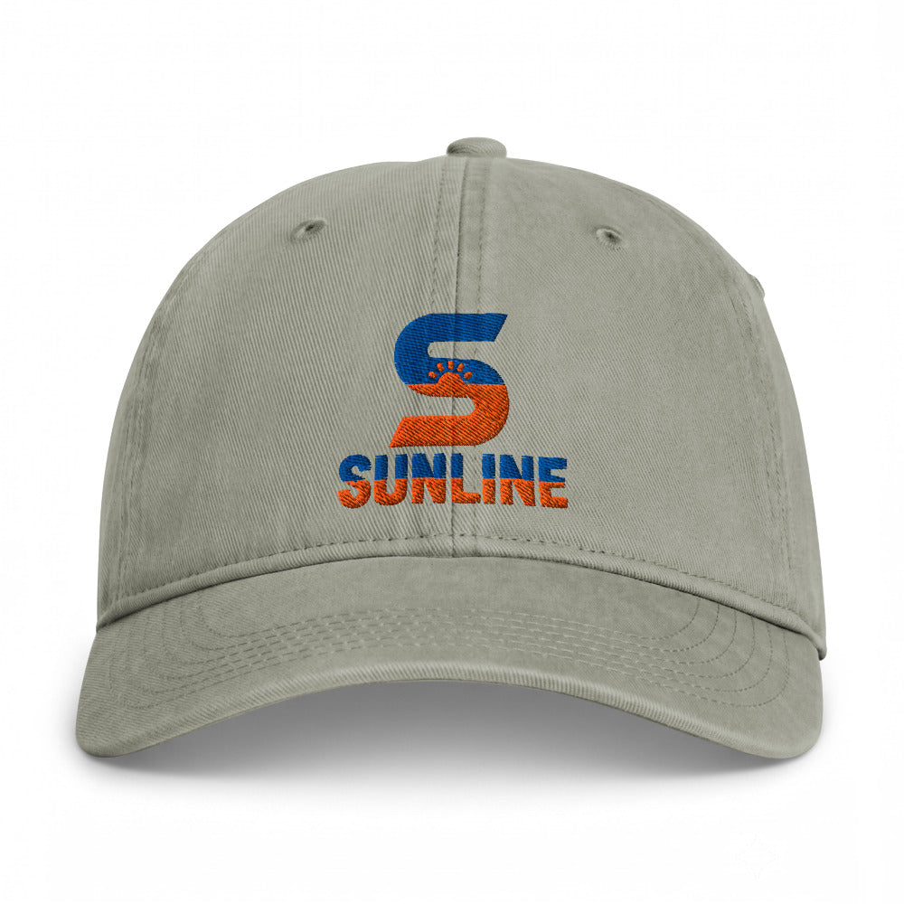 Sunline Coastal Washed Cap in Sandstone, embroidered teal and orange Sunline split-S sun logo, Central Florida streetwear dad cap