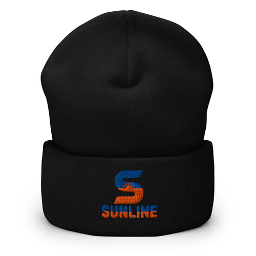 Sunline Beanie in Black, embroidered teal and orange Sunline split-S sun logo, Central Florida streetwear beanie