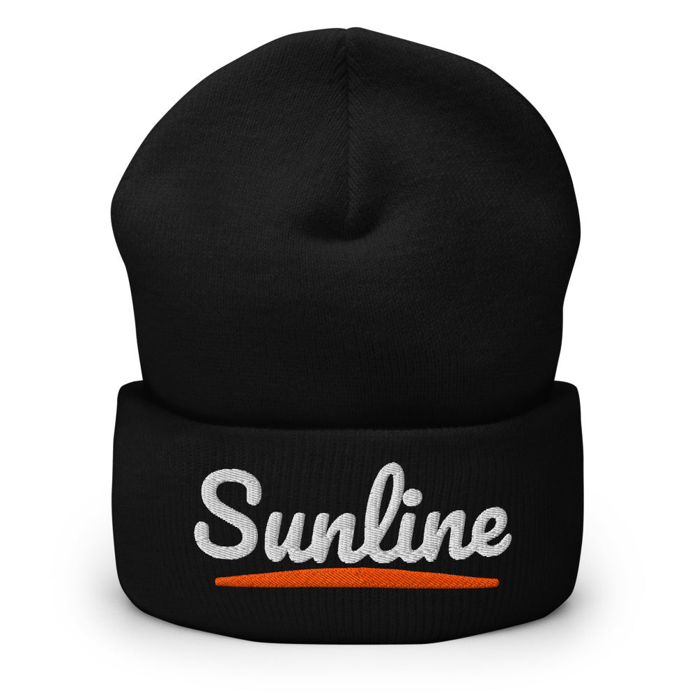 Sunline Sunset Script Beanie in Black, embroidered Sunline Sunset Script logo, Central Florida streetwear beanie