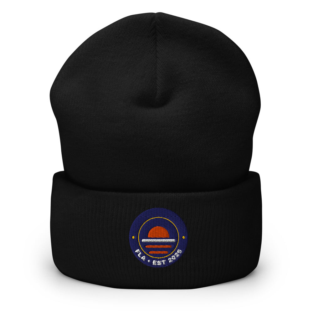 Sunline FLA Badge Beanie in Black, embroidered Sunline FLA Badge logo, Central Florida streetwear beanie
