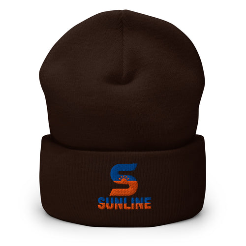 Sunline Beanie in Brown, embroidered teal and orange Sunline split-S sun logo, Central Florida streetwear beanie