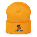 Sunline Beanie – Gold, Olive & Navy in Gold, embroidered teal and orange Sunline split-S sun logo, Central Florida streetwear beanie