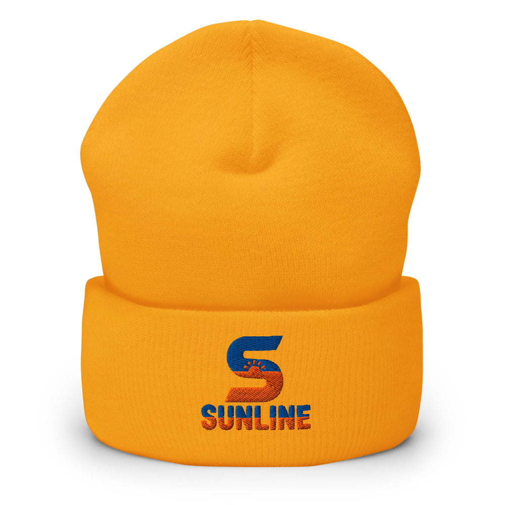 Sunline Beanie – Gold, Olive & Navy in Gold, embroidered teal and orange Sunline split-S sun logo, Central Florida streetwear beanie