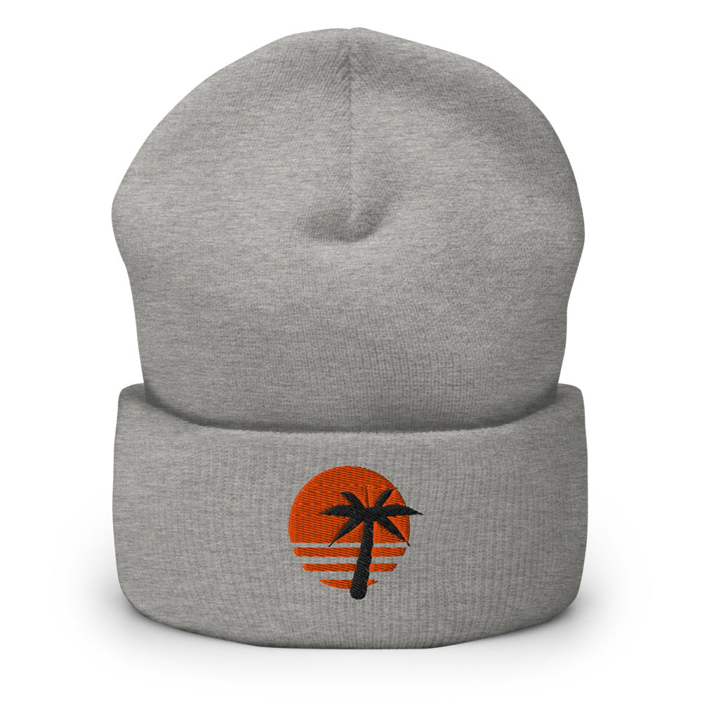 Sunline Palm Sun Beanie in Heather Grey, embroidered Sunline Palm Sun logo, Central Florida streetwear beanie