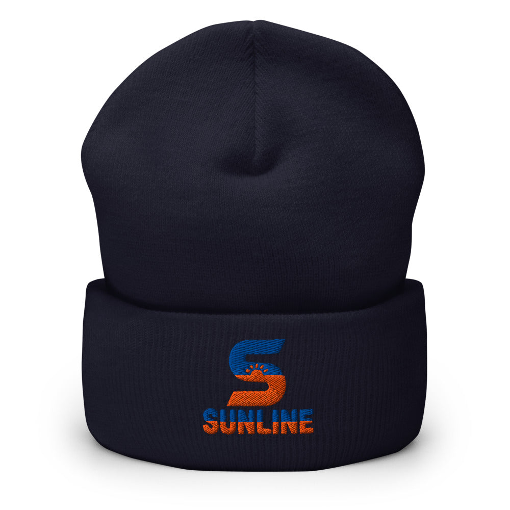 Sunline Beanie – Gold, Olive & Navy in Navy, embroidered teal and orange Sunline split-S sun logo, Central Florida streetwear beanie
