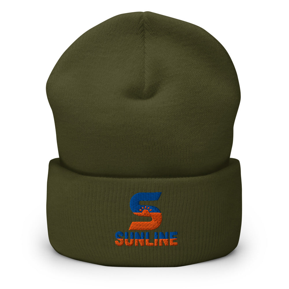 Sunline Beanie – Gold, Olive & Navy in Olive, embroidered teal and orange Sunline split-S sun logo, Central Florida streetwear beanie