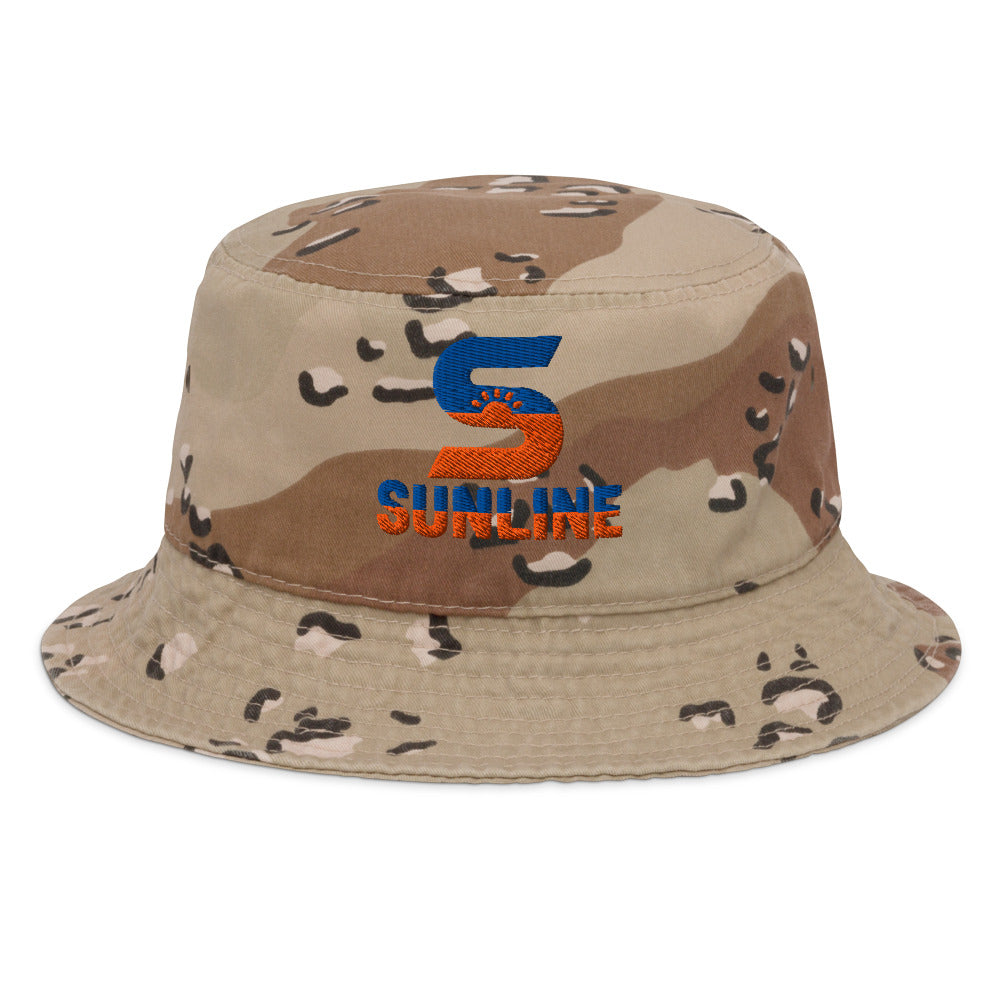 Sunline Camo Bucket Hat in Desert Camo, embroidered teal and orange Sunline split-S sun logo, Central Florida streetwear bucket hat
