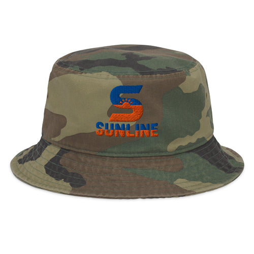 Sunline Camo Bucket Hat in Woodland Camo, embroidered teal and orange Sunline split-S sun logo, Central Florida streetwear bucket hat