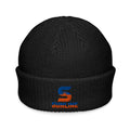 Sunline Fisherman Beanie in Black, embroidered teal and orange Sunline split-S sun logo, Central Florida streetwear beanie