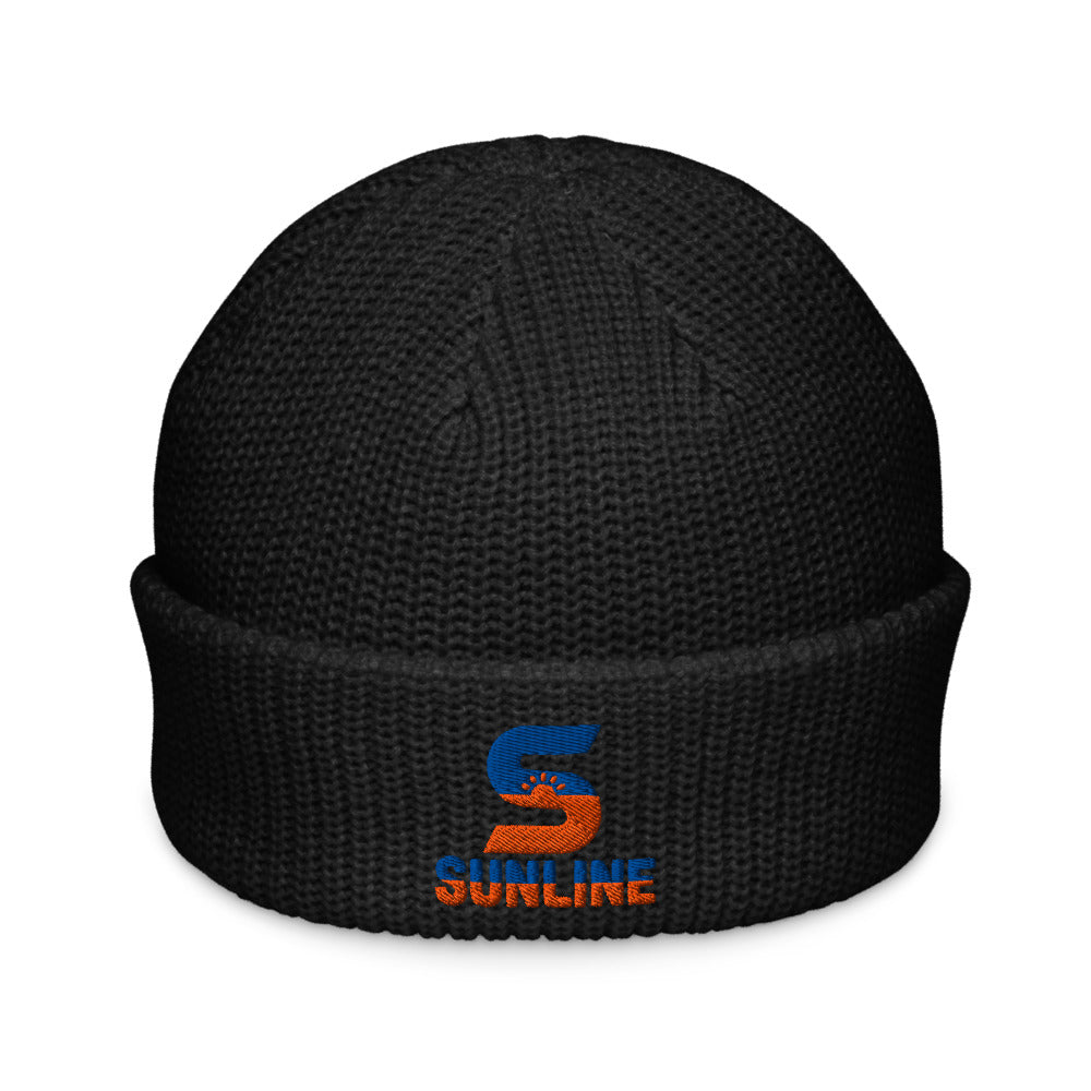 Sunline Fisherman Beanie in Black, embroidered teal and orange Sunline split-S sun logo, Central Florida streetwear beanie