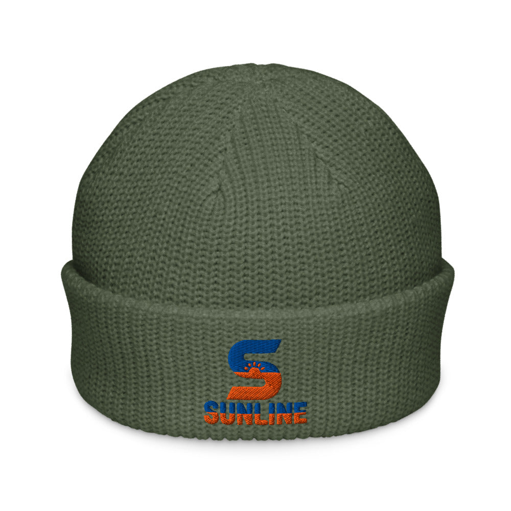 Sunline Fisherman Beanie in Cypress, embroidered teal and orange Sunline split-S sun logo, Central Florida streetwear beanie