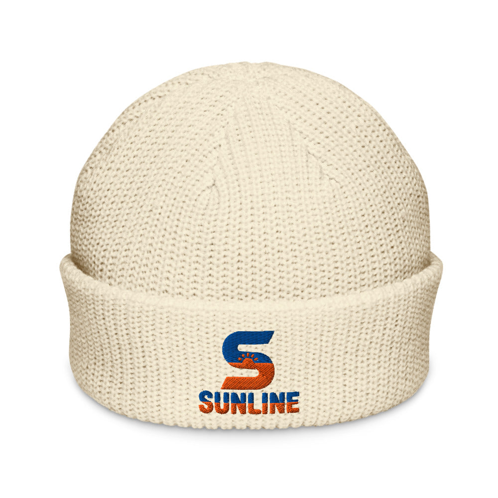 Sunline Fisherman Beanie in Ecru, embroidered teal and orange Sunline split-S sun logo, Central Florida streetwear beanie