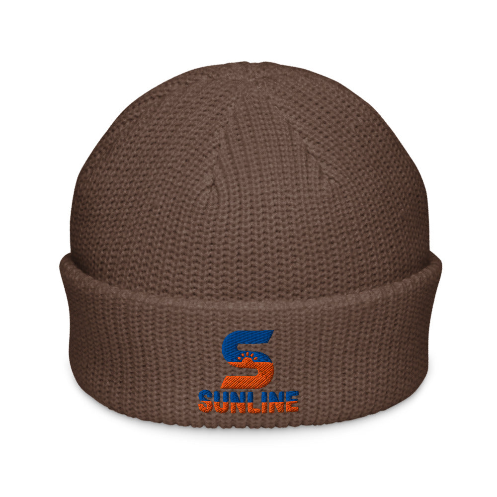 Sunline Fisherman Beanie in Walnut, embroidered teal and orange Sunline split-S sun logo, Central Florida streetwear beanie