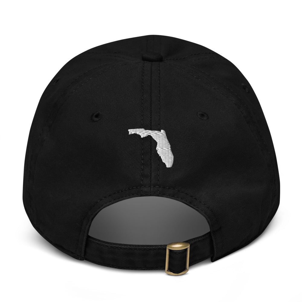 Back view of the Sunline Sunset Script Washed Cap in Black: Florida outline embroidered above the strap