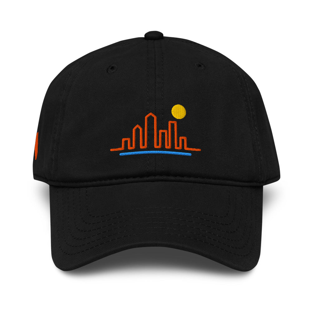 Sunline Orlando Skyline Washed Cap in Black, front view with embroidered Orlando Skyline design